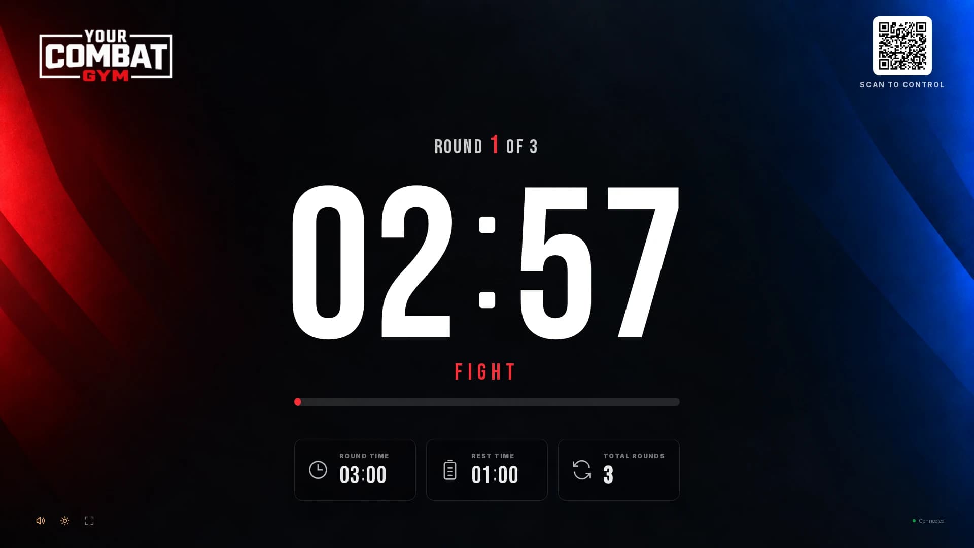 FightTimer running on a gym display with the Your Combat Gym logo, round timer, and round settings
